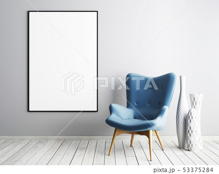 Mock up poster frame with blue armchair and metal 53375284