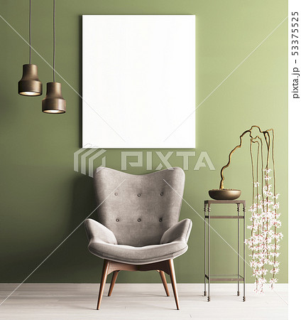 mock up poster with chair & plant on table, 53375525