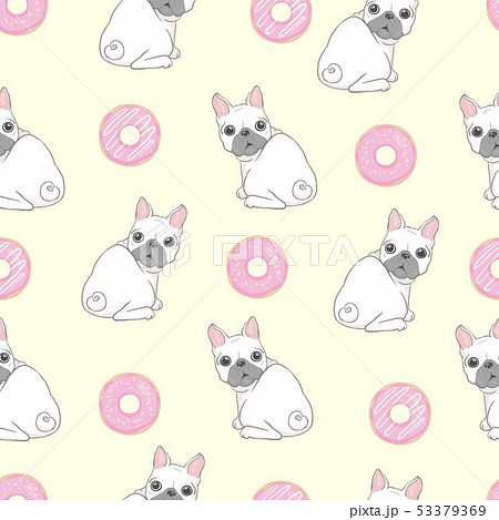 Pink seamless pattern with funny pug and donut. Pink seamless pattern with funny pug and donut. 53379369
