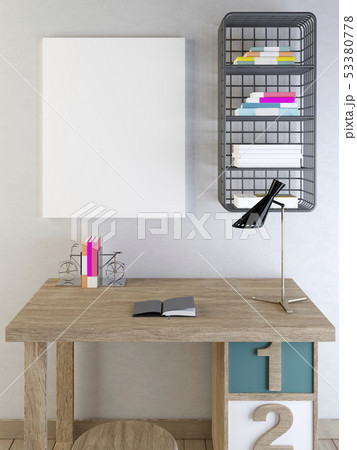 Mockup blank on a gray wall above the desk. 53380778