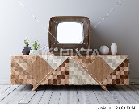 Vintage TV with mockup screen on the media unit. 53384842