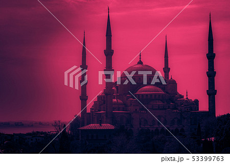 Minarets and domes of Blue Mosque with Bosporus 53399763