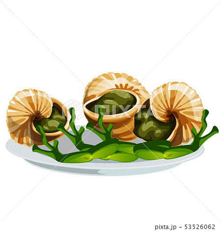 Escargot, a delicious French dish of snails isolated on white background, animated frog legs. Vector 53526062