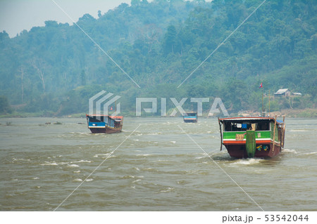 View to Laos boats transportation by Mekong River, 53542044