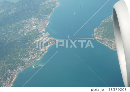 旅客機・大三島・多々羅大橋・生口島・快晴・上空から・空撮・しまなみ海道 53579203