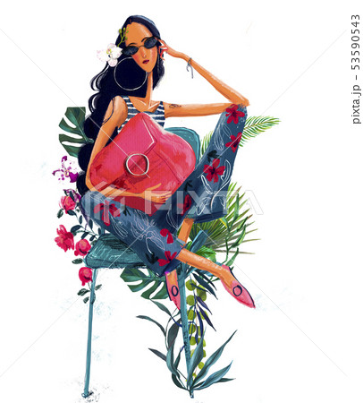 young beautiful summer woman with tropical flowers young beautiful summer woman with tropical flowers 53590543