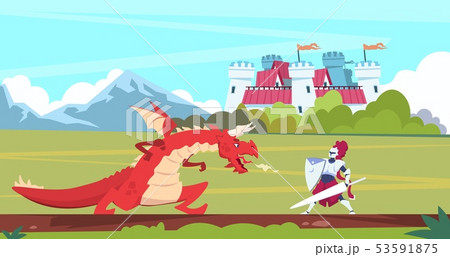 Medieval cartoon scene. Dragon and knight warrior fight, monster and prince fairy tale flat 53591875