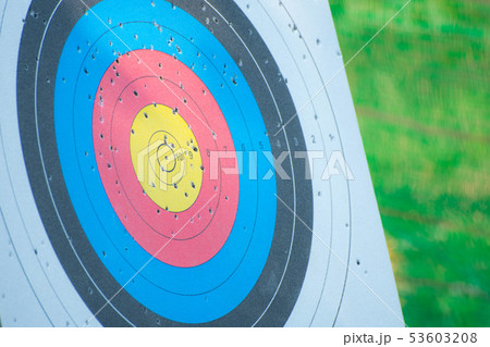 Closed up of archery shooting target with pole on Closed up of archery shooting target with pole on 53603208