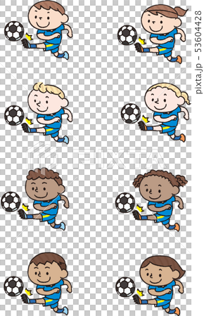 サッカーボールを蹴る笑顔のいろいろな国の子供(青) サッカーボールを蹴る笑顔のいろいろな国の子供(青) 53604428