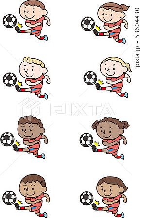 サッカーボールを蹴る笑顔のいろいろな国の子供(赤) サッカーボールを蹴る笑顔のいろいろな国の子供(赤) 53604430