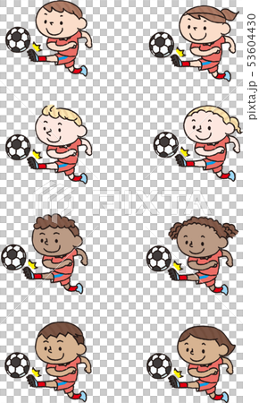 サッカーボールを蹴る笑顔のいろいろな国の子供(赤) サッカーボールを蹴る笑顔のいろいろな国の子供(赤) 53604430