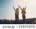 Two beautiful cool teenage girls 15-16 years old, best friends having fun, with their hands up 53605856