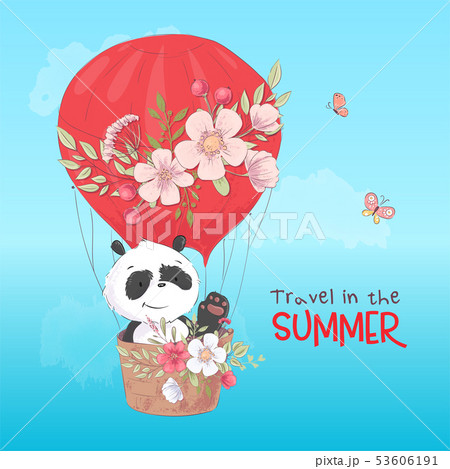 Postcard poster of a cute panda in a balloon with flowers in cartoon style. Hand drawing. 53606191