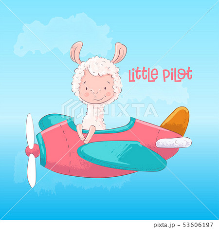 Postcard poster cute llama on the plane in cartoon style. Hand drawing. 53606197