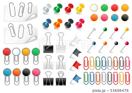 Pins paper clips. Push pins fasteners staple tack pin colored paper clip office organized 53606476