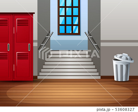 Bright college interior of hallway with red locker 53608327