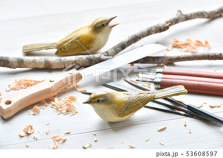 バードカービング。野鳥の木彫刻、野鳥彫刻。彩色済はウグイスです。※素人の製作途中の作品です。 53608597