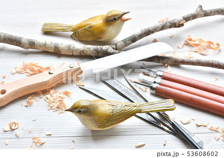 バードカービング。野鳥の木彫刻、野鳥彫刻。彩色済はウグイスです。※素人の製作途中の作品です。 53608602