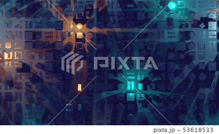 Abstract glowing digital city. Business skyscrapers. 3D Rendering 53618533
