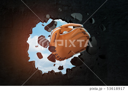 3d rendering of brown baseball glove breaking hole in black wall with blue sky seen through hole. 53618917