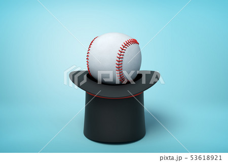 3d rendering of black tophat upside down with white baseball inside on light blue background. 53618921