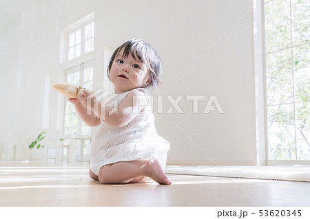床に座ってぬいぐるみと遊ぶ赤ちゃんの写真素材