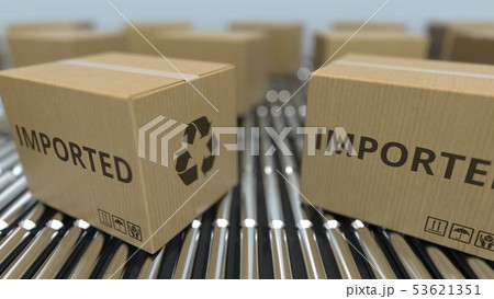Carton boxes with IMPORTED text move on roller conveyor. 3D rendering 53621351