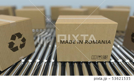 Boxes with MADE IN ROMANIA text on roller conveyor. Romanian goods related 3D rendering 53621535