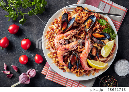 Spanish Fideua, a noodle Paella with prawns Spanish Fideua, a noodle Paella with prawns 53621718