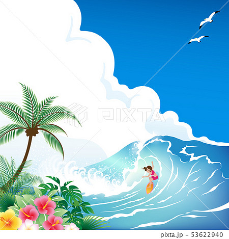 南国の青い海でサーフィンをする女性のイラスト素材