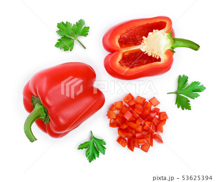 red sweet bell pepper isolated on white background. Top view. Flat lay red sweet bell pepper isolated on white background. Top view. Flat lay 53625394
