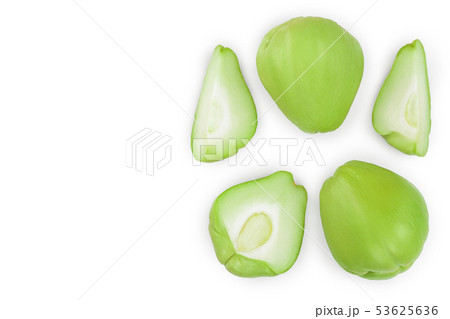 fresh Chayote vegetable isolated on white background with copy space for your text. Top view. Flat fresh Chayote vegetable isolated on white background with copy space for your text. Top view. Flat 53625636