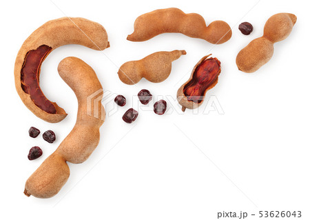 Tamarind fruit with seed isolated on white background with copy space for your text. Top view. Flat Tamarind fruit with seed isolated on white background with copy space for your text. Top view. Flat 53626043