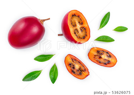 Fresh tamarillo fruit with leaves isolated on white background. Top view. Flat lay 53626075
