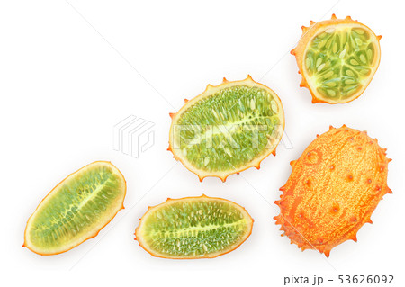 Kiwano or horned melon isolated on white background with copy space for your text. Top view. Flat 53626092