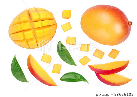 Mango fruit half with slices isolated on white background. Set or collection. Top view. Flat lay Mango fruit half with slices isolated on white background. Set or collection. Top view. Flat lay 53626105