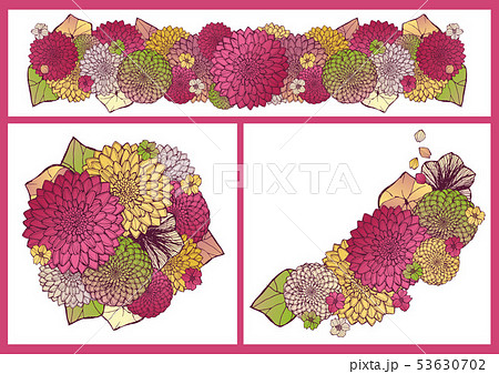 和柄の背景素材 レトロ アンティーク 和風 着物風 手書きの花柄 結婚式のフレーム素材のイラスト素材