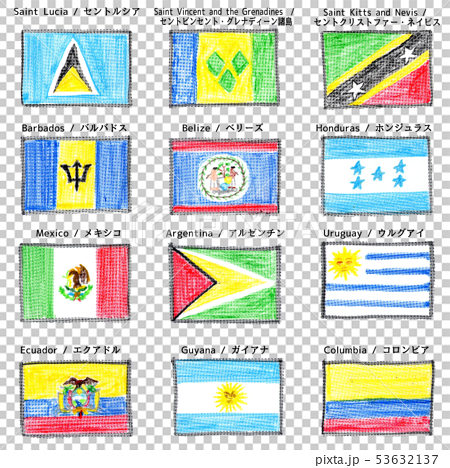 クレヨンで描いた国旗 北アメリカその3と南アメリカ１のイラスト素材