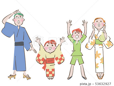 夏の夜　花火を楽しむ親子　家族　イラスト 53632927