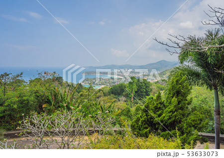 Tropical beach landscape panorama. Beautiful turquoise ocean waives with boats and sandy coastline 53633073