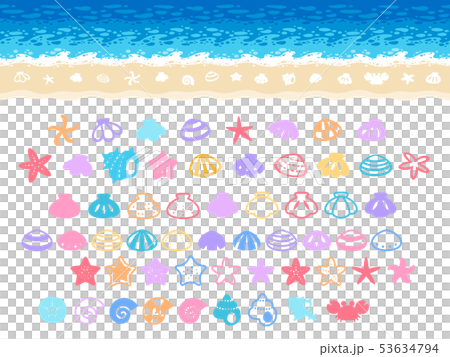 Sea and beach illustration frame and sea creature icon set 53634794