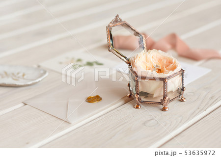 Wedding decor vintage glass square casket stand with peony rose inside and wedding ring invitation 53635972