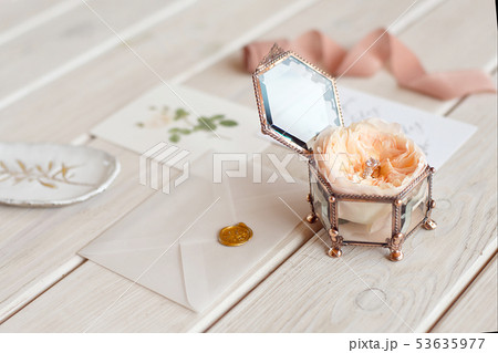 Wedding decor vintage glass square casket stand with peony rose inside and wedding ring invitation 53635977