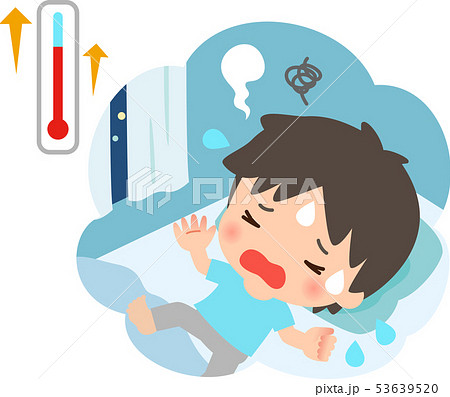 暑さで寝苦しそうな男性 53639520