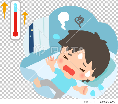 暑さで寝苦しそうな男性 53639520