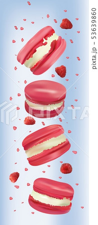 Raspberry macaroon in motion isolated on blue background. Sweet french macaroons close up. Falling Raspberry macaroon in motion isolated on blue background. Sweet french macaroons close up. Falling 53639860