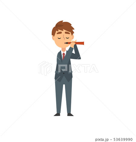Boy Playing Flute, Talented Young Flutist Character Playing Brass Musical Instrument Vector Boy Playing Flute, Talented Young Flutist Character Playing Brass Musical Instrument Vector 53639990