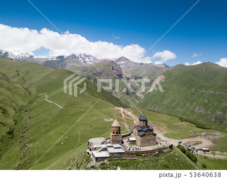 Aerial view to Gergeti Trinity Church or Tsminda 53640638