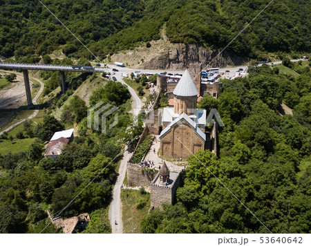 Aerial view to Ananuri castle in Georgia 53640642
