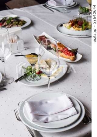 Served for banquet restaurant table with dishes 53640644